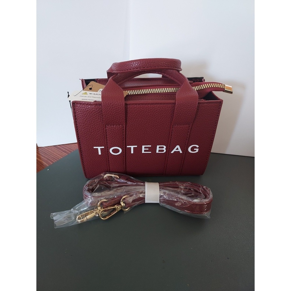 Burgundy Pebbled Vegan Leather Tote Bag Crossbody Handbag with Gold Hardware NEW